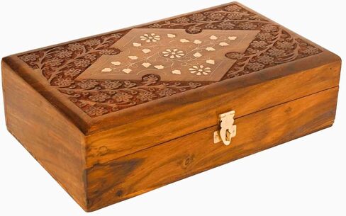 Wooden Jewelry Box with Exquisite Carving and Brass Inlay, Elegant Jewelry Organizer for Rings, Necklaces, and Bracelets, Handcrafted Storage Solution for Treasured Accessories in Saudi Arabia