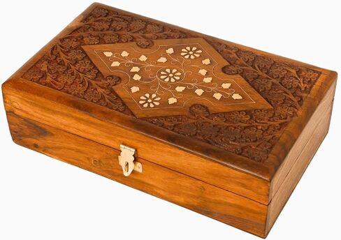 Wooden Jewelry Box with Exquisite Carving and Brass Inlay, Elegant Jewelry Organizer for Rings, Necklaces, and Bracelets, Handcrafted Storage Solution for Treasured Accessories in Saudi Arabia