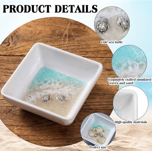 Novabright Handmade Ocean Resin Jewelry Tray Mini Turtle Square Ring Dish Jewelry Holder for Rings Earrings Engagement Gifts for Couples Birthday Gifts Ocean Art Gift for Women in Kuwait