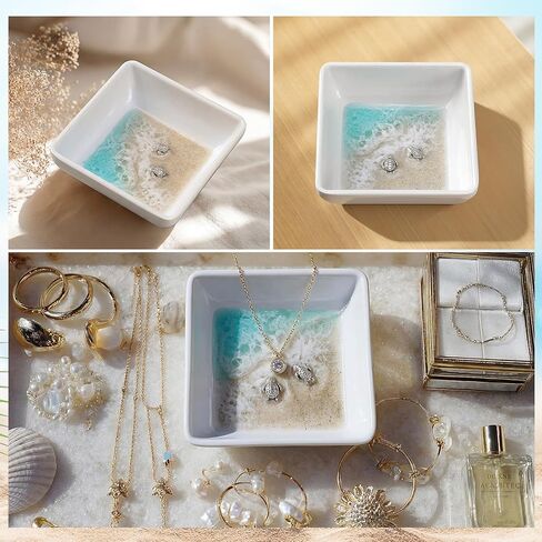 Novabright Handmade Ocean Resin Jewelry Tray Mini Turtle Square Ring Dish Jewelry Holder for Rings Earrings Engagement Gifts for Couples Birthday Gifts Ocean Art Gift for Women in Kuwait