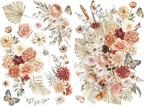 Joeyan Floral Rub On Transfers for Furniture and Crafts, 2 Large Watercolor Peony Design Sheets 12''x18'', DIY Home Decal on Wood Glass Metal Canvas Porcelain Paper Plastic, Dreamy Peonies in Saudi Arabia