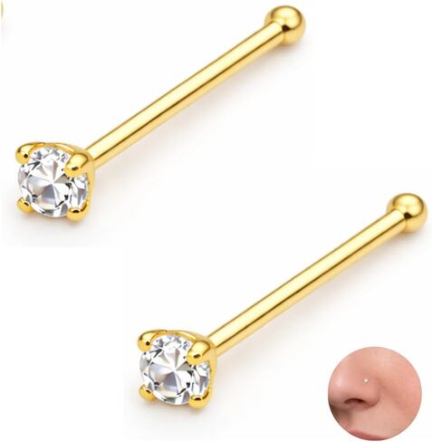 925 Sterling Silver or 18K Gold Plated Nose Stud Bone | Cubic Zirconia Prong Nose Pin | Dainty 1.5mm 2mm Nose Jewelry | Small Mini Nose Piercing for Women & Men, 24G (0.5mm) in Saudi Arabia