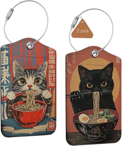 2 Pack Funny Noodle Cat Luggage Tags for Suitcases, Leather Suitcase Tags for Cruise Ships Airport Travel, Privacy Cover ID Label Whit Stainless Steel Loop & Address Card, Luggage Tag Decor Gift in Saudi Arabia