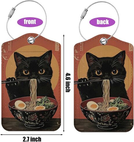 2 Pack Funny Noodle Cat Luggage Tags for Suitcases, Leather Suitcase Tags for Cruise Ships Airport Travel, Privacy Cover ID Label Whit Stainless Steel Loop & Address Card, Luggage Tag Decor Gift in Saudi Arabia