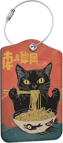 2 Pack Funny Noodle Cat Luggage Tags for Suitcases, Leather Suitcase Tags for Cruise Ships Airport Travel, Privacy Cover ID Label Whit Stainless Steel Loop & Address Card, Luggage Tag Decor Gift in Saudi Arabia