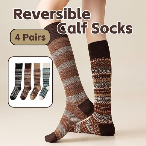 4 Pairs Women Retro Calf Socks - Reversible Classic Knit Cotton Slouch Socks Warm for Daily Boots Casual Wear in Saudi Arabia
