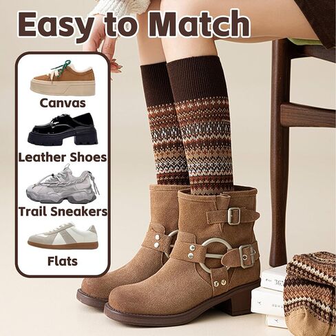 4 Pairs Women Retro Calf Socks - Reversible Classic Knit Cotton Slouch Socks Warm for Daily Boots Casual Wear in Saudi Arabia