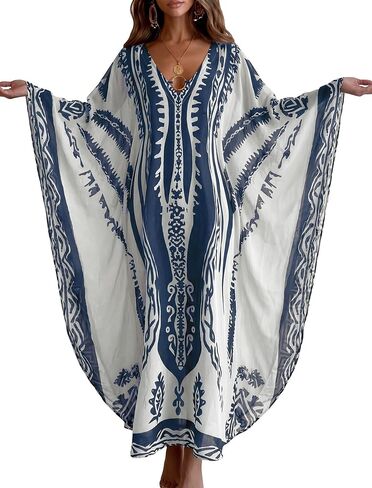 ZAFUL Kaftan Dresses for Women Plus Size V Neck Batwing Sleeves Beach Cover Ups O Ring Vacation Outfits Caftan Dress in Saudi Arabia
