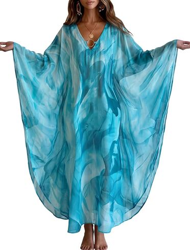 ZAFUL Kaftan Dresses for Women Plus Size V Neck Batwing Sleeves Beach Cover Ups O Ring Vacation Outfits Caftan Dress in Saudi Arabia