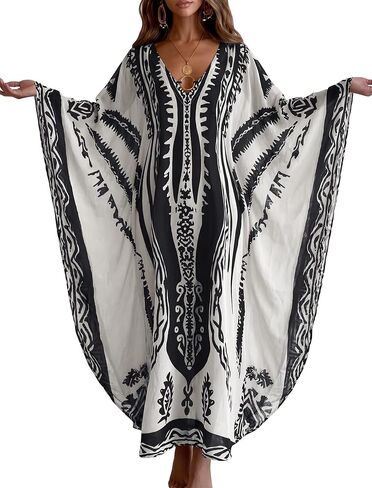 ZAFUL Kaftan Dresses for Women Plus Size V Neck Batwing Sleeves Beach Cover Ups O Ring Vacation Outfits Caftan Dress in Saudi Arabia