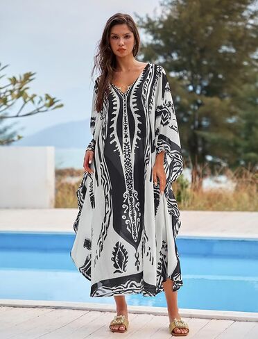 ZAFUL Kaftan Dresses for Women Plus Size V Neck Batwing Sleeves Beach Cover Ups O Ring Vacation Outfits Caftan Dress in Saudi Arabia