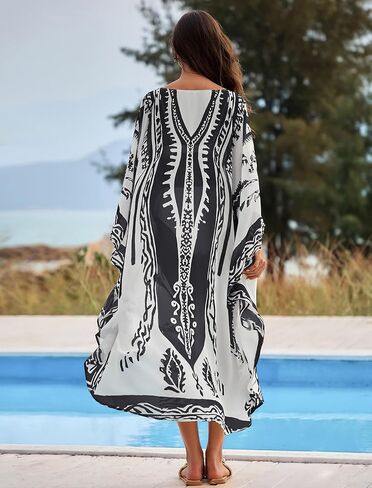 ZAFUL Kaftan Dresses for Women Plus Size V Neck Batwing Sleeves Beach Cover Ups O Ring Vacation Outfits Caftan Dress in Saudi Arabia