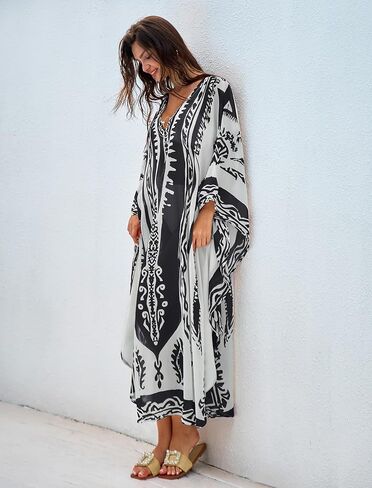 ZAFUL Kaftan Dresses for Women Plus Size V Neck Batwing Sleeves Beach Cover Ups O Ring Vacation Outfits Caftan Dress in Saudi Arabia