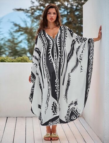ZAFUL Kaftan Dresses for Women Plus Size V Neck Batwing Sleeves Beach Cover Ups O Ring Vacation Outfits Caftan Dress in Saudi Arabia