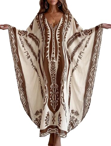 ZAFUL Kaftan Dresses for Women Plus Size V Neck Batwing Sleeves Beach Cover Ups O Ring Vacation Outfits Caftan Dress in Saudi Arabia