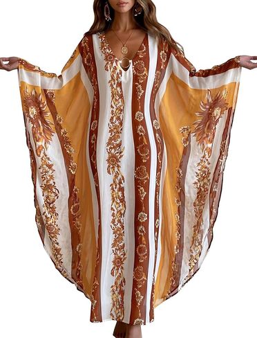 ZAFUL Kaftan Dresses for Women Plus Size V Neck Batwing Sleeves Beach Cover Ups O Ring Vacation Outfits Caftan Dress in Saudi Arabia