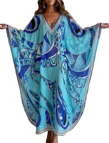 ZAFUL Kaftan Dresses for Women Plus Size V Neck Batwing Sleeves Beach Cover Ups O Ring Vacation Outfits Caftan Dress in Saudi Arabia