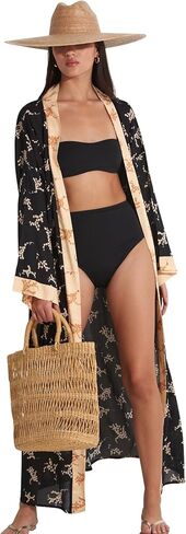 بدلة سباحة كيمونو مطبوعة على شكل زهور سوداء ماسية من Gottex Beach Life للسيدات، إكسسوار مثالي بجانب حمام السباحة in Kuwait