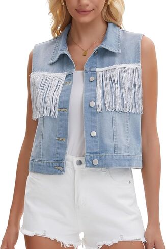 Women's Denim Vest Button Down Sleeveless Tassel Trim Fringe Western Outfits Jean Vests in Saudi Arabia