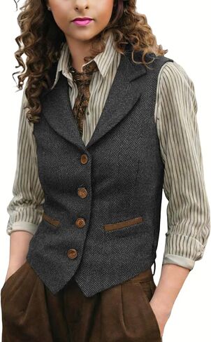Women Herringbone Tweed Vests Lapel Sleeveless Jacket V Neck Work Office Waistcoat in Saudi Arabia