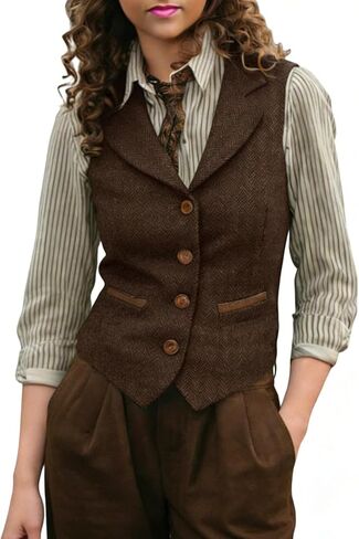 Women Herringbone Tweed Vests Lapel Sleeveless Jacket V Neck Work Office Waistcoat in Saudi Arabia