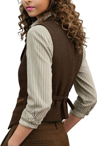 Women Herringbone Tweed Vests Lapel Sleeveless Jacket V Neck Work Office Waistcoat in Saudi Arabia