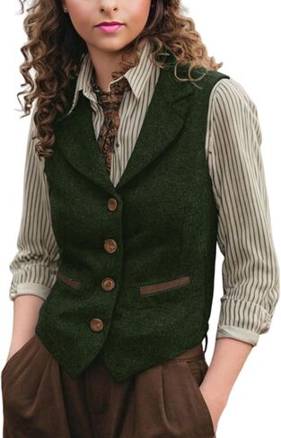 Women Herringbone Tweed Vests Lapel Sleeveless Jacket V Neck Work Office Waistcoat in Saudi Arabia
