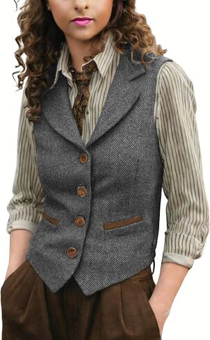 Women Herringbone Tweed Vests Lapel Sleeveless Jacket V Neck Work Office Waistcoat in Saudi Arabia