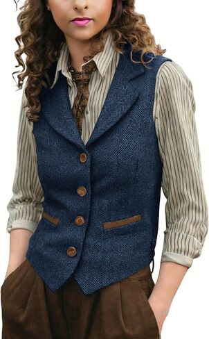 Women Herringbone Tweed Vests Lapel Sleeveless Jacket V Neck Work Office Waistcoat in Saudi Arabia
