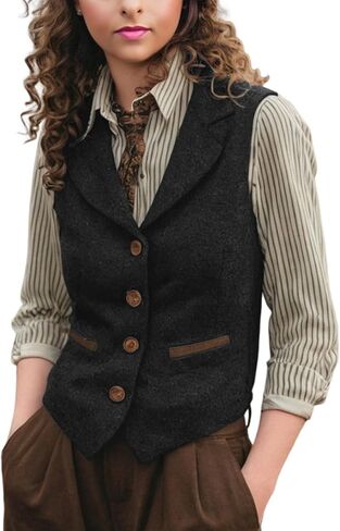 Women Herringbone Tweed Vests Lapel Sleeveless Jacket V Neck Work Office Waistcoat in Saudi Arabia