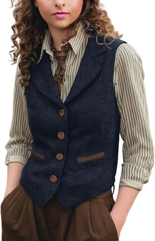 Women Herringbone Tweed Vests Lapel Sleeveless Jacket V Neck Work Office Waistcoat in Saudi Arabia