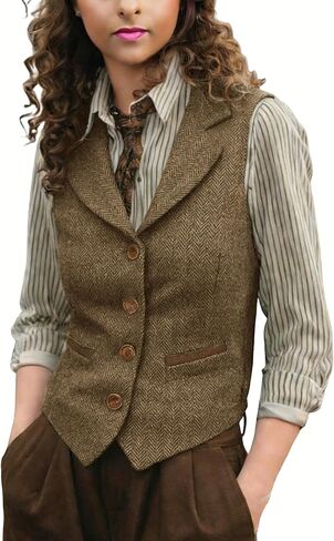 Women Herringbone Tweed Vests Lapel Sleeveless Jacket V Neck Work Office Waistcoat in Saudi Arabia