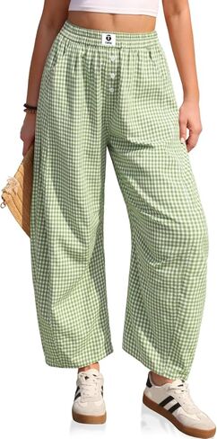 TARSE Gingham Pants Women Barrel Loose Wide Leg Checkered Casual Linen Plaid Trousers with Pockets in Kuwait