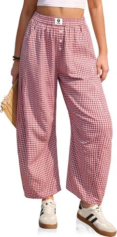 TARSE Gingham Pants Women Barrel Loose Wide Leg Checkered Casual Linen Plaid Trousers with Pockets in Saudi Arabia