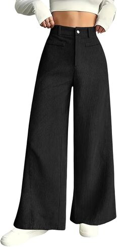 Womens High Waist Wide Leg Trousers Casual Loose Fit Trendy Straight Pants with Zipper and Button Closure in Saudi Arabia