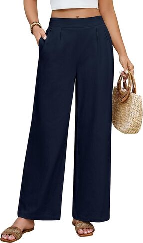 سراويل Yusongirl النسائية القطنية ذات الأرجل الواسعة مريحة وفضفاضة وبنطلون Palazzo عالي الخصر مع جيوب للصيف in Kuwait