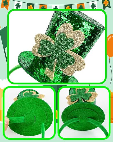 Hikkcos St Patricks Day Mini Top Hat Headband Leprechaun زي قبعة خضراء أعلى قبعة عقال الأيرلندية الترتر شامروك اكسسوارات للنساء زي in Saudi Arabia