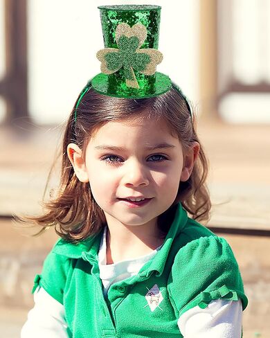Hikkcos St Patricks Day Mini Top Hat Headband Leprechaun زي قبعة خضراء أعلى قبعة عقال الأيرلندية الترتر شامروك اكسسوارات للنساء زي in Saudi Arabia