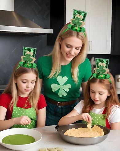 Hikkcos St Patricks Day Mini Top Hat Headband Leprechaun زي قبعة خضراء أعلى قبعة عقال الأيرلندية الترتر شامروك اكسسوارات للنساء زي in Saudi Arabia