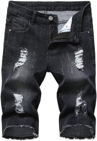 شورت جينز كاجوال للرجال من PASOK، شورت جينز ممزق وقابل للتمدد، سروال قصير ممزق in Kuwait