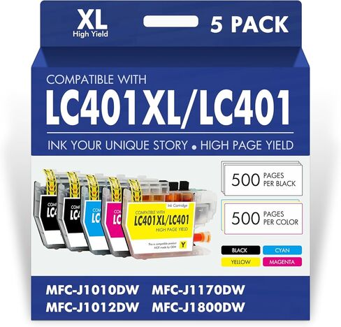 خراطيش حبر LC401XL LC401 MFC-J1010DW لطابعة Brother LC 401 401XL لـ MFC-J1010DW MFC-J1170DW MFC-J1012DW MFC-J1800DW MFC J1010DW - 5 عبوات عالية الإنتاجية أسود سماوي أرجواني أصفر in Saudi Arabia
