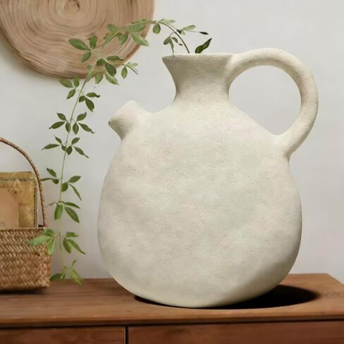 Rustic Ceramic Pitcher Vase with Handle, Antique Farmhouse Matte Textured Plain Neutral Unfinished Rough Clay Jug Pottery Vases for Home Decor in Saudi Arabia