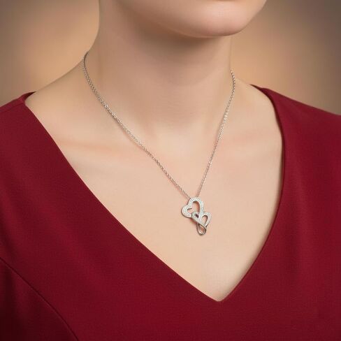 Jewelili Double Heart Necklace Pendant with Natural White Round Diamonds in Sterling Silver 18 inch Rolo Chain in Saudi Arabia