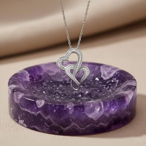 Jewelili Double Heart Necklace Pendant with Natural White Round Diamonds in Sterling Silver 18 inch Rolo Chain in Saudi Arabia