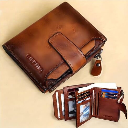 1pc Men's Vintage RFID Blocking Wallet - Genuine Leather -Theft Billfold with Zipper Coin Pocket, 17-Card Holder, ID Window& SD/SIM -Leather for Valentine's/Father's Day Gift Suitable for Men in Saudi Arabia