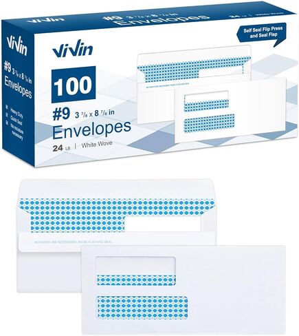 Vivin 520 No.9 مغلفات عمل قابلة للطي وختم الأمان لفواتير Quickbooks وبيانات الأعمال، المنزل والمكتب، 3-7/8 × 8-7/8 بوصة، نافذة مزدوجة، 24 رطل، أبيض in Kuwait