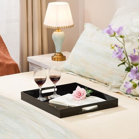 Large Glossy Black Acrylic Serving Tray (18×14Inches) with Cut Out Handles Spill Proof Acrylic Decorative Tray Organiser for Ottoman Coffee Table Countertop in Saudi Arabia