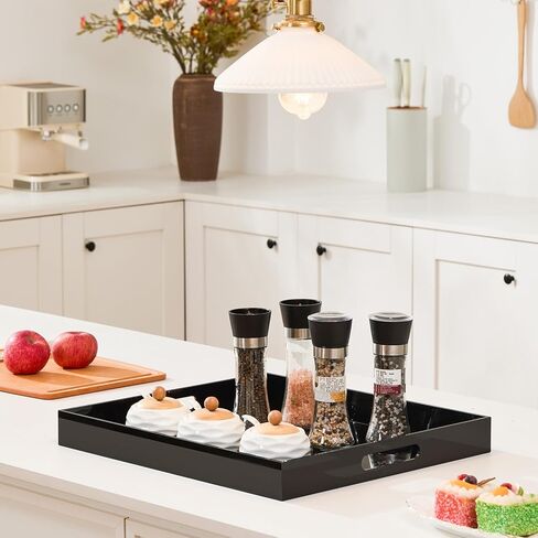 Large Glossy Black Acrylic Serving Tray (18×14Inches) with Cut Out Handles Spill Proof Acrylic Decorative Tray Organiser for Ottoman Coffee Table Countertop in Saudi Arabia