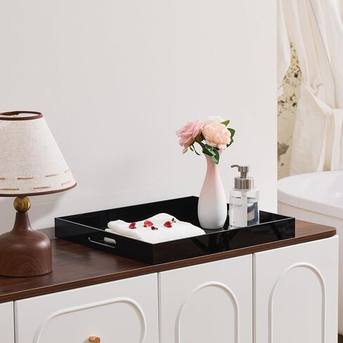Large Glossy Black Acrylic Serving Tray (18×14Inches) with Cut Out Handles Spill Proof Acrylic Decorative Tray Organiser for Ottoman Coffee Table Countertop in Saudi Arabia