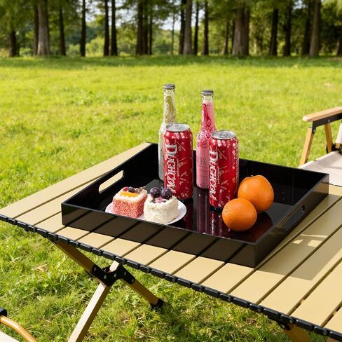 Large Glossy Black Acrylic Serving Tray (18×14Inches) with Cut Out Handles Spill Proof Acrylic Decorative Tray Organiser for Ottoman Coffee Table Countertop in Saudi Arabia